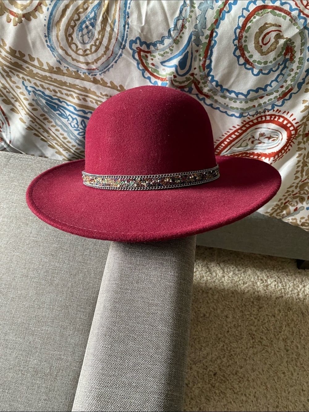ADORA Wine Red Wide-Brim Felt Fedora with Beaded Chain Trim